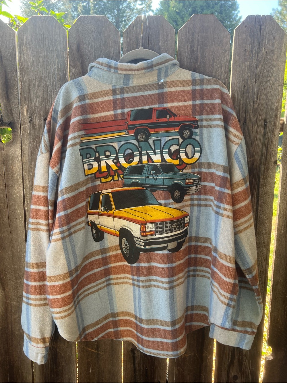 Ford Plaid Fleece Jacket with Bronco Truck Graphic in Blue & Brown